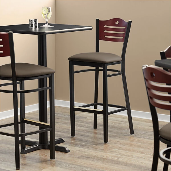 Discount 🤩 Lancaster Table & Seating Mahogany Finish Bar Height Bistro Chair With 2" Taupe Padded Seat 🤩
