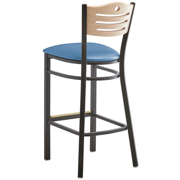 Buy 😉 Lancaster Table & Seating Natural Finish Bar Height Bistro Chair With 2" Blue Padded Seat 👍 - Image 3