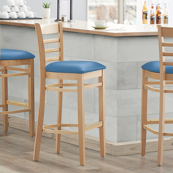 Budget ???? Lancaster Table & Seating Natural Finish Wooden Ladder Back Bar Height Chair With Blue Padded Seat ⭐ 3 Budget ???? Lancaster Table & Seating Natural Finish Wooden Ladder Back Bar Height Chair With Blue Padded Seat ⭐