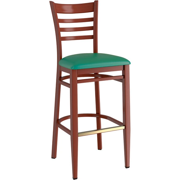 Best deal 😍 LT&S Spartan Series Lancaster Table & Seating Spartan Series Bar Height Metal Ladder Back Chair With Mahogany Wood Grain Finish And Green Vinyl Seat 🤩 - Image 2