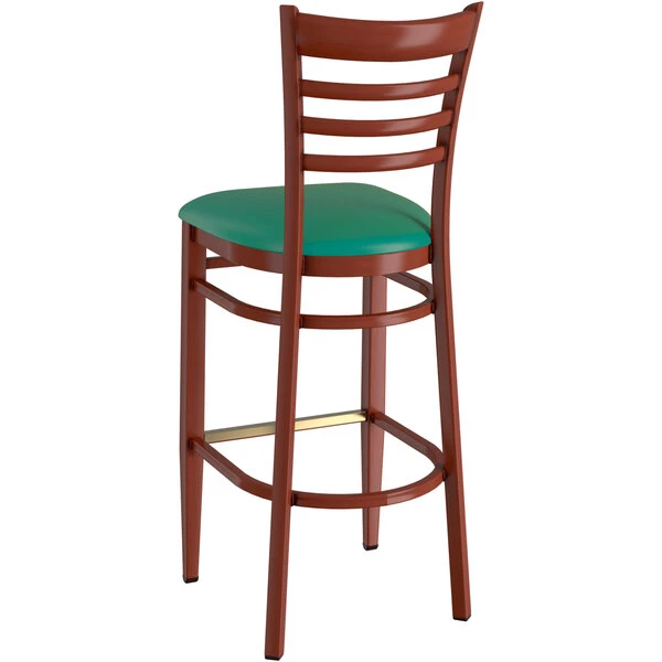 Best deal 😍 LT&S Spartan Series Lancaster Table & Seating Spartan Series Bar Height Metal Ladder Back Chair With Mahogany Wood Grain Finish And Green Vinyl Seat 🤩 - Image 3