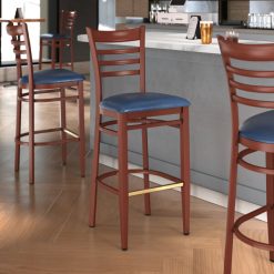 Coupon ✔️ LT&S Spartan Series Lancaster Table & Seating Spartan Series Bar Height Metal Ladder Back Chair With Mahogany Wood Grain Finish And Navy Vinyl Seat ????