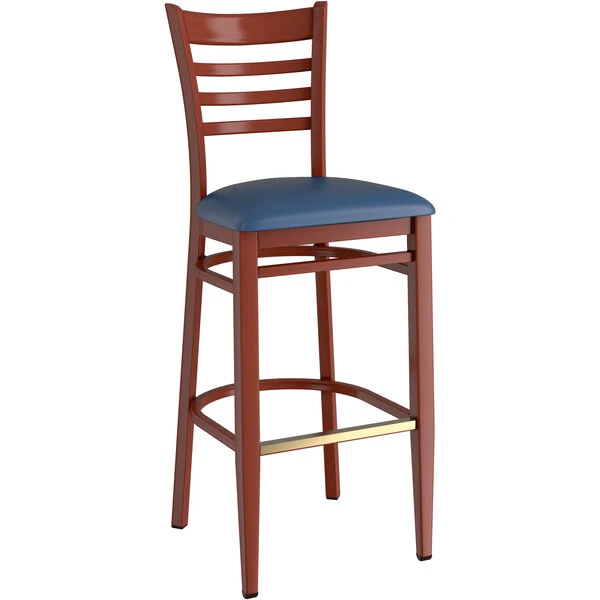 Coupon ✔️ LT&S Spartan Series Lancaster Table & Seating Spartan Series Bar Height Metal Ladder Back Chair With Mahogany Wood Grain Finish And Navy Vinyl Seat 🤩 - Image 2