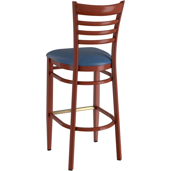 Coupon ✔️ LT&S Spartan Series Lancaster Table & Seating Spartan Series Bar Height Metal Ladder Back Chair With Mahogany Wood Grain Finish And Navy Vinyl Seat 🤩 - Image 3