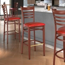 Best Sale ๐ LT&S Spartan Series Lancaster Table & Seating Spartan Series Bar Height Metal Ladder Back Chair With Mahogany Wood Grain Finish And Red Vinyl Seat ๐ฅ