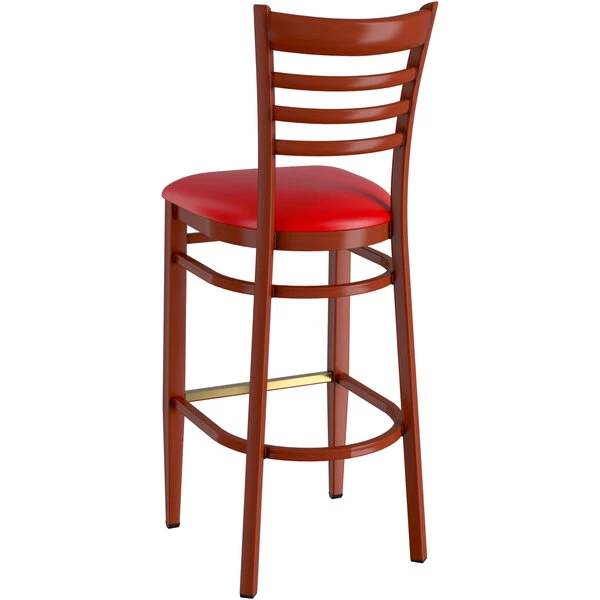 Best Sale 🛒 LT&S Spartan Series Lancaster Table & Seating Spartan Series Bar Height Metal Ladder Back Chair With Mahogany Wood Grain Finish And Red Vinyl Seat 🔥 - Image 3