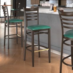 Buy ???? LT&S Spartan Series Lancaster Table & Seating Spartan Series Bar Height Metal Ladder Back Chair With Walnut Wood Grain Finish And Green Vinyl Seat ????