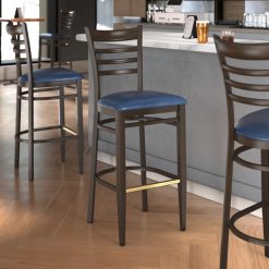 Best Pirce ???? LT&S Spartan Series Lancaster Table & Seating Spartan Series Bar Height Metal Ladder Back Chair With Walnut Wood Grain Finish And Navy Vinyl Seat ????