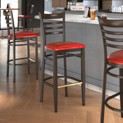 Flash Sale ✨ LT&S Spartan Series Lancaster Table & Seating Spartan Series Bar Height Metal Ladder Back Chair With Walnut Wood Grain Finish And Red Vinyl Seat ????