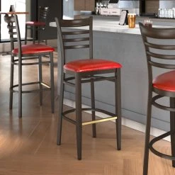 Flash Sale โจ LT&S Spartan Series Lancaster Table & Seating Spartan Series Bar Height Metal Ladder Back Chair With Walnut Wood Grain Finish And Red Vinyl Seat ๐
