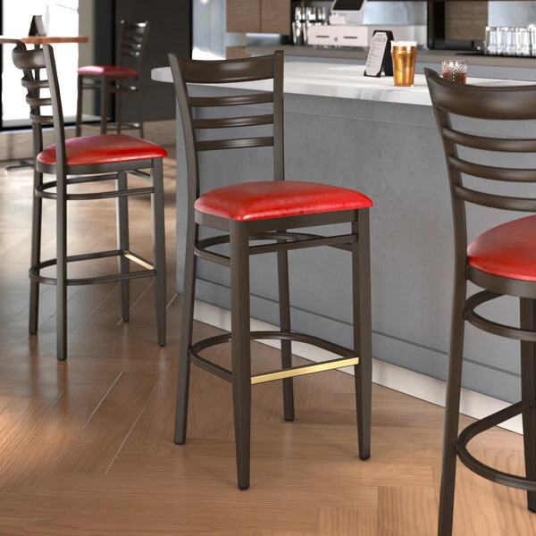 Flash Sale ✨ LT&S Spartan Series Lancaster Table & Seating Spartan Series Bar Height Metal Ladder Back Chair With Walnut Wood Grain Finish And Red Vinyl Seat 😍
