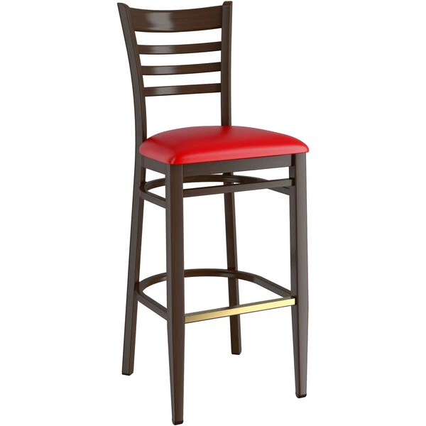 Flash Sale ✨ LT&S Spartan Series Lancaster Table & Seating Spartan Series Bar Height Metal Ladder Back Chair With Walnut Wood Grain Finish And Red Vinyl Seat 😍 - Image 2