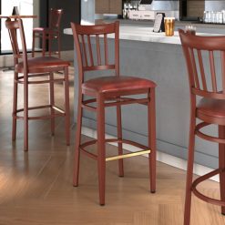 Cheap ???? LT&S Spartan Series Lancaster Table & Seating Spartan Series Bar Height Metal Slat Back Chair With Mahogany Wood Grain Finish And Burgundy Vinyl Seat ????
