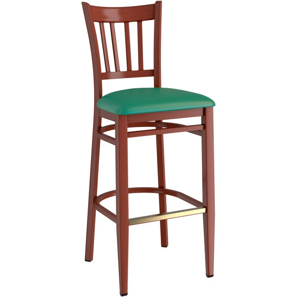 New 🥰 LT&S Spartan Series Lancaster Table & Seating Spartan Series Bar Height Metal Slat Back Chair With Mahogany Wood Grain Finish And Green Vinyl Seat 😀 - Image 2
