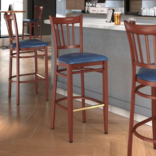 Buy 🥰 LT&S Spartan Series Lancaster Table & Seating Spartan Series Bar Height Metal Slat Back Chair With Mahogany Wood Grain Finish And Navy Vinyl Seat ⌛