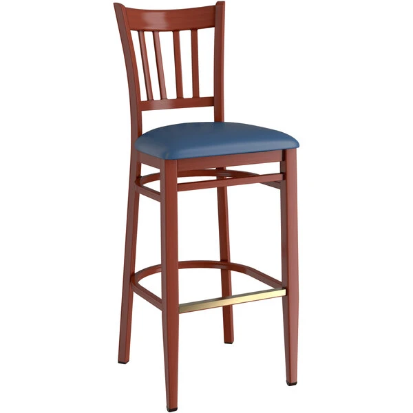 Buy 🥰 LT&S Spartan Series Lancaster Table & Seating Spartan Series Bar Height Metal Slat Back Chair With Mahogany Wood Grain Finish And Navy Vinyl Seat ⌛ - Image 2