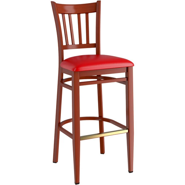 Promo 🔥 LT&S Spartan Series Lancaster Table & Seating Spartan Series Bar Height Metal Slat Back Chair With Mahogany Wood Grain Finish And Red Vinyl Seat 😀 - Image 2