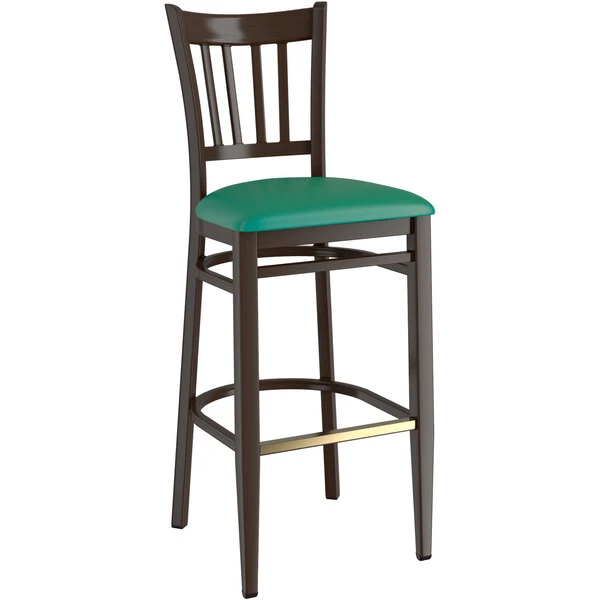 Cheap ๐ LT&S Spartan Series Lancaster Table & Seating Spartan Series Bar Height Metal Slat Back Chair With Walnut Wood Grain Finish And Green Vinyl Seat ๐ - Image 2