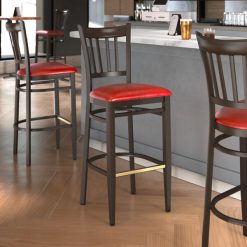 Outlet ???? LT&S Spartan Series Lancaster Table & Seating Spartan Series Bar Height Metal Slat Back Chair With Walnut Wood Grain Finish And Red Vinyl Seat ⭐