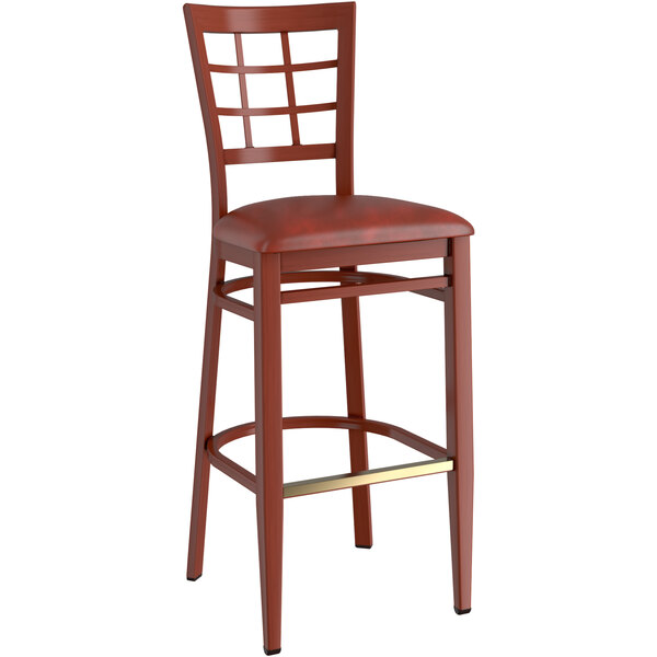 Lancaster Table & Seating Spartan Series Bar Height Metal Window Back Chair with Mahogany Wood Grain Finish and Burgundy Vinyl Seat Wholesale ✨ LT&S Spartan Series Lancaster Table & Seating Spartan Series Bar Height Metal Window Back Chair With Mahogany Wood Grain Finish And Burgundy Vinyl Seat ???? -Lancaster Shop unnamed file 1091