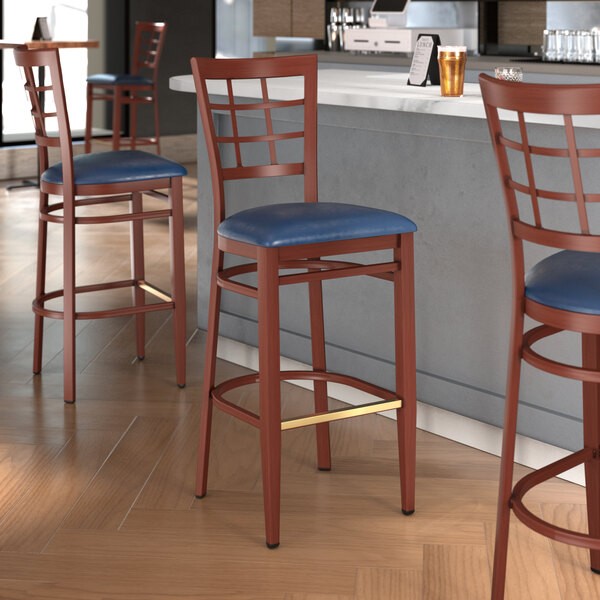 Discount ???? LT&S Spartan Series Lancaster Table & Seating Spartan Series Bar Height Metal Window Back Chair With Mahogany Wood Grain Finish And Navy Vinyl Seat ???? 3 Discount ???? LT&S Spartan Series Lancaster Table & Seating Spartan Series Bar Height Metal Window Back Chair With Mahogany Wood Grain Finish And Navy Vinyl Seat ????