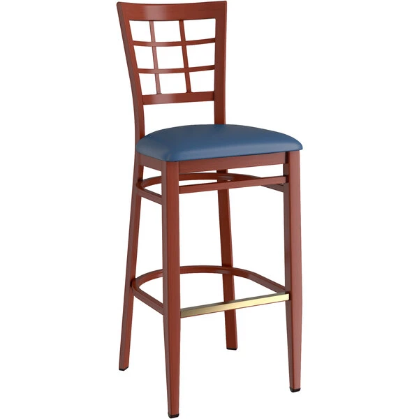 Discount ๐ฏ LT&S Spartan Series Lancaster Table & Seating Spartan Series Bar Height Metal Window Back Chair With Mahogany Wood Grain Finish And Navy Vinyl Seat ๐งจ - Image 2