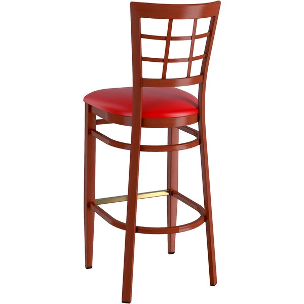 Cheap โญ LT&S Spartan Series Lancaster Table & Seating Spartan Series Bar Height Metal Window Back Chair With Mahogany Wood Grain Finish And Red Vinyl Seat ๐ - Image 3