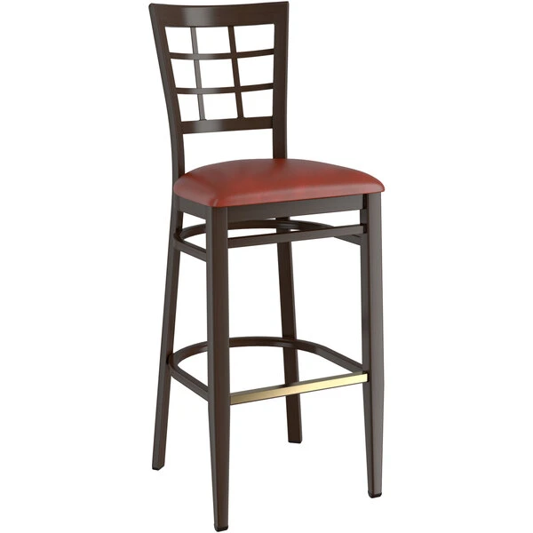Hot Sale 💯 LT&S Spartan Series Lancaster Table & Seating Spartan Series Bar Height Metal Window Back Chair With Walnut Wood Grain Finish And Burgundy Vinyl Seat 😉 - Image 2