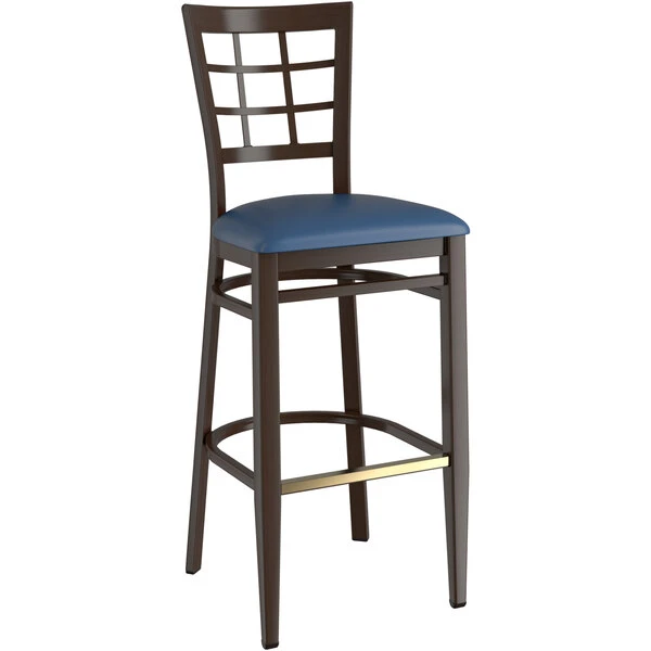 Outlet 🌟 LT&S Spartan Series Lancaster Table & Seating Spartan Series Bar Height Metal Window Back Chair With Walnut Wood Grain Finish And Navy Vinyl Seat 😀 - Image 2