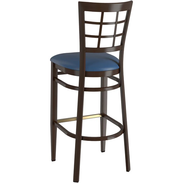 Outlet 🌟 LT&S Spartan Series Lancaster Table & Seating Spartan Series Bar Height Metal Window Back Chair With Walnut Wood Grain Finish And Navy Vinyl Seat 😀 - Image 3