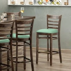 Hot Sale ✨ Lancaster Table & Seating Vintage Finish Wooden Ladder Back Bar Height Chair With Seafoam Padded Seat 🎉