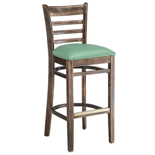 Hot Sale โจ Lancaster Table & Seating Vintage Finish Wooden Ladder Back Bar Height Chair With Seafoam Padded Seat ๐ - Image 2