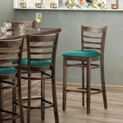 Cheap ❤️ Lancaster Table & Seating Vintage Ladder Back Bar Height Chair With Green Padded Seat 💯