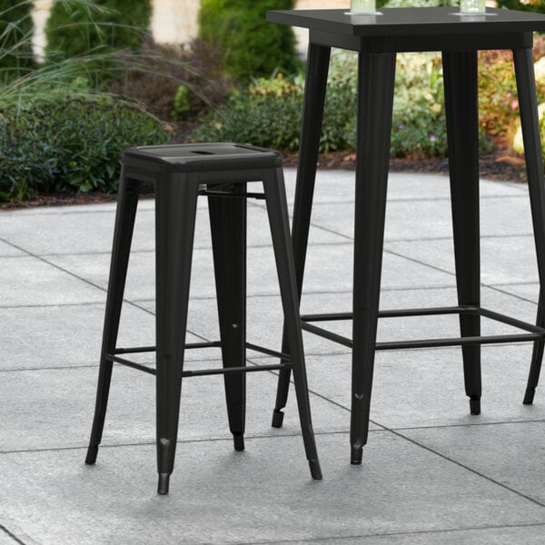 Outlet ???? LT&S Alloy Series Lancaster Table & Seating Alloy Series Black Stackable Metal Indoor / Outdoor Industrial Barstool With Drain Hole Seat ???? 3 Outlet ???? LT&S Alloy Series Lancaster Table & Seating Alloy Series Black Stackable Metal Indoor / Outdoor Industrial Barstool With Drain Hole Seat ????