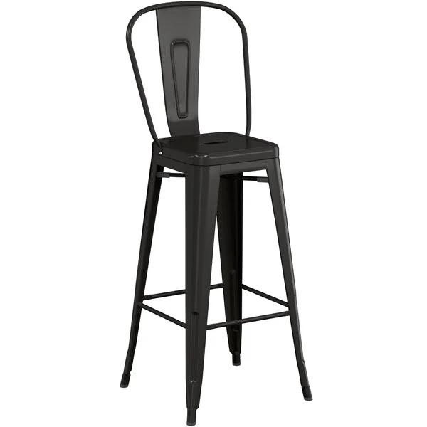 New โ๏ธ LT&S Alloy Series Lancaster Table & Seating Alloy Series Black Metal Indoor / Outdoor Industrial Cafe Barstool With Vertical Slat Back And Drain Hole Seat โ - Image 2