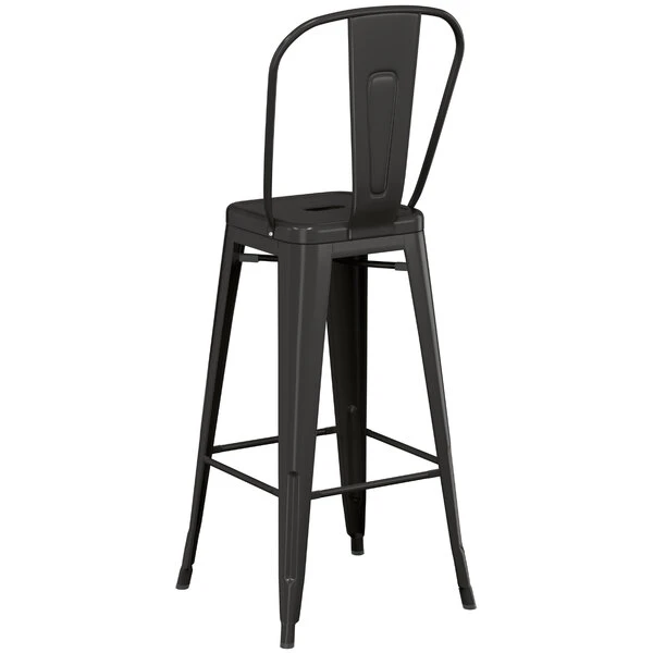 New โ๏ธ LT&S Alloy Series Lancaster Table & Seating Alloy Series Black Metal Indoor / Outdoor Industrial Cafe Barstool With Vertical Slat Back And Drain Hole Seat โ - Image 3