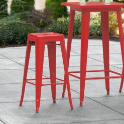 Outlet ???? LT&S Alloy Series Lancaster Table & Seating Alloy Series Red Stackable Metal Indoor / Outdoor Industrial Barstool With Drain Hole Seat ????