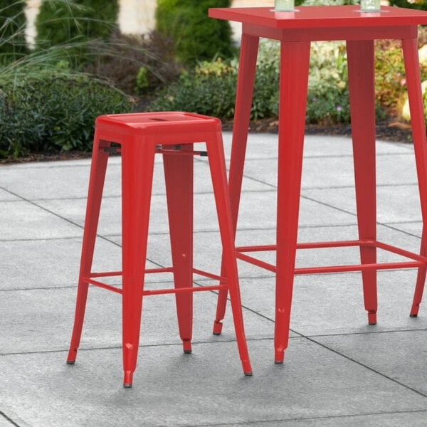 Outlet 🥰 LT&S Alloy Series Lancaster Table & Seating Alloy Series Red Stackable Metal Indoor / Outdoor Industrial Barstool With Drain Hole Seat 🔥