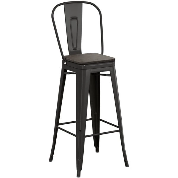 Promo 👏 LT&S Alloy Series Lancaster Table & Seating Alloy Series Black Metal Indoor Industrial Cafe Bar Height Stool With Vertical Slat Back And Black Wood Seat 😍 - Image 2