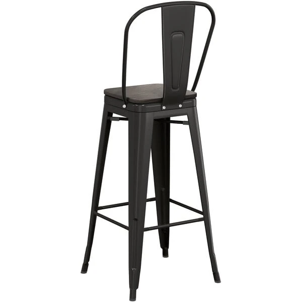 Promo 👏 LT&S Alloy Series Lancaster Table & Seating Alloy Series Black Metal Indoor Industrial Cafe Bar Height Stool With Vertical Slat Back And Black Wood Seat 😍 - Image 3