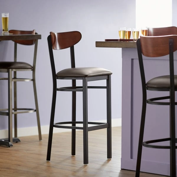 Promo 🛒 LT&S Boomerang Series Lancaster Table & Seating Boomerang Bar Height Black Chair With Dark Brown Vinyl Seat And Antique Walnut Back 🔔