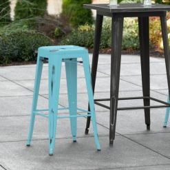 Best Pirce ???? LT&S Alloy Series Lancaster Table & Seating Alloy Series Distressed Arctic Blue Stackable Metal Indoor / Outdoor Industrial Barstool With Drain Hole Seat ????