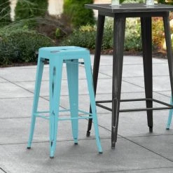Best Pirce 😉 LT&S Alloy Series Lancaster Table & Seating Alloy Series Distressed Arctic Blue Stackable Metal Indoor / Outdoor Industrial Barstool With Drain Hole Seat 😀