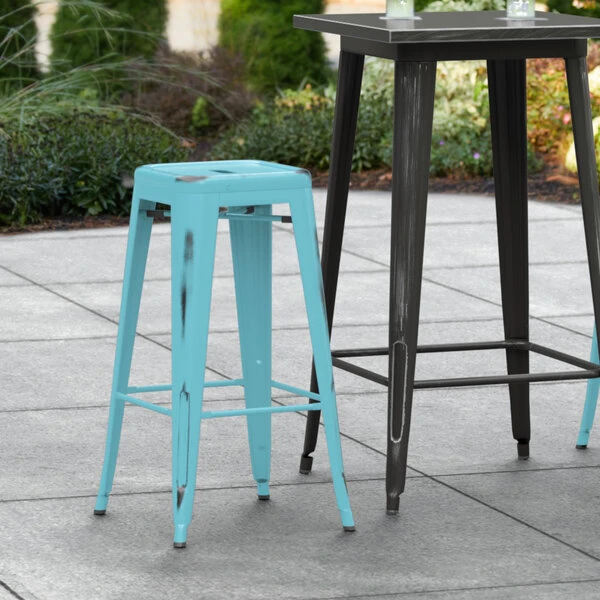 Best Pirce 😉 LT&S Alloy Series Lancaster Table & Seating Alloy Series Distressed Arctic Blue Stackable Metal Indoor / Outdoor Industrial Barstool With Drain Hole Seat 😀