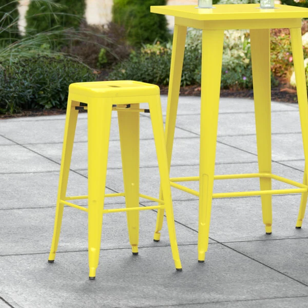 Discount ๐ LT&S Alloy Series Lancaster Table & Seating Alloy Series Yellow Stackable Metal Indoor / Outdoor Industrial Barstool With Drain Hole Seat โ๏ธ