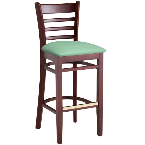 Best Sale ✔️ Lancaster Table & Seating Mahogany Finish Wooden Ladder Back Bar Height Chair With Seafoam Padded Seat 😉 - Image 2