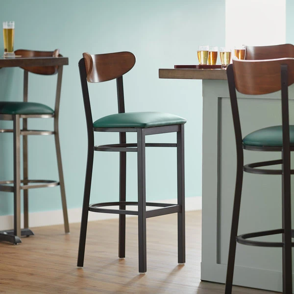 Cheap 😀 LT&S Boomerang Series Lancaster Table & Seating Boomerang Bar Height Black Chair With Green Vinyl Seat And Antique Walnut Back 🤩