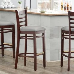 Discount ๐คฉ Lancaster Table & Seating Mahogany Finish Wooden Ladder Back Bar Height Chair With Light Gray Padded Seat โจ
