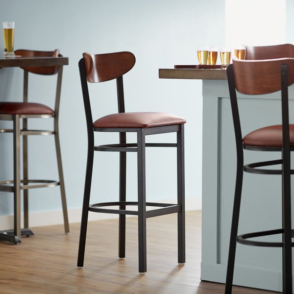 Lancaster Table & Seating Boomerang Bar Height Black Chair with Burgundy Vinyl Seat and Antique Walnut Back Wholesale ❤️ LT&S Boomerang Series Lancaster Table & Seating Boomerang Bar Height Black Chair With Burgundy Vinyl Seat And Antique Walnut Back ???? -Lancaster Shop unnamed file 1201