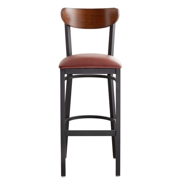 Lancaster Table & Seating Boomerang Bar Height Black Chair with Burgundy Vinyl Seat and Antique Walnut Back Wholesale ❤️ LT&S Boomerang Series Lancaster Table & Seating Boomerang Bar Height Black Chair With Burgundy Vinyl Seat And Antique Walnut Back ???? -Lancaster Shop unnamed file 1204